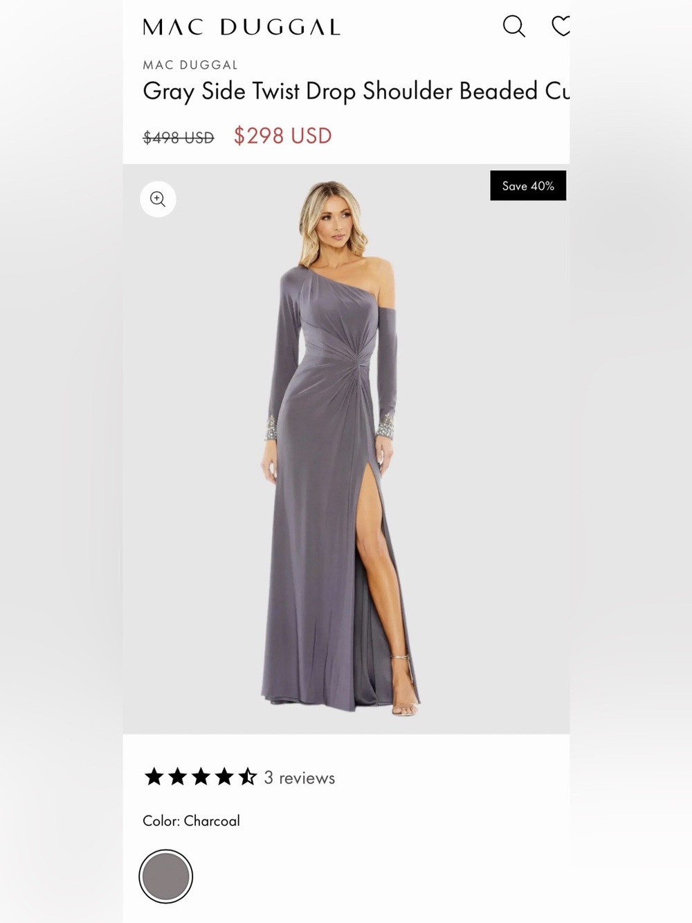 Mac Duggal Charcoal Gray One-Shoulder Embellished Formal Dress Gown Size 10 - Picture 4 of 7